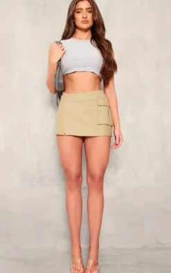 Sage Woven Tailored Wrap Over Pocket Front Mini Skirt