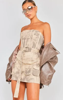 Sand Acid Wash Corset Belted Pocket Bodycon Dress