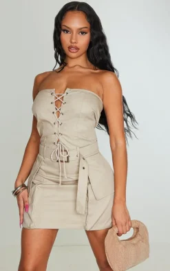 Sand Cargo Belted Wrap Lace Up Bodycon Dress