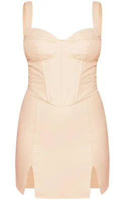 Sand Cargo Contrast Stitch Corset Detail Bodycon Dress