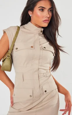 Sand Cargo Sleeveless Pocket Detail Bodycon Dress