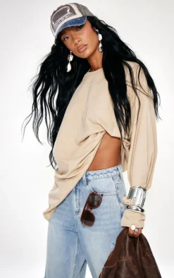 Sand Cotton Oversized Long Sleeve T-Shirt