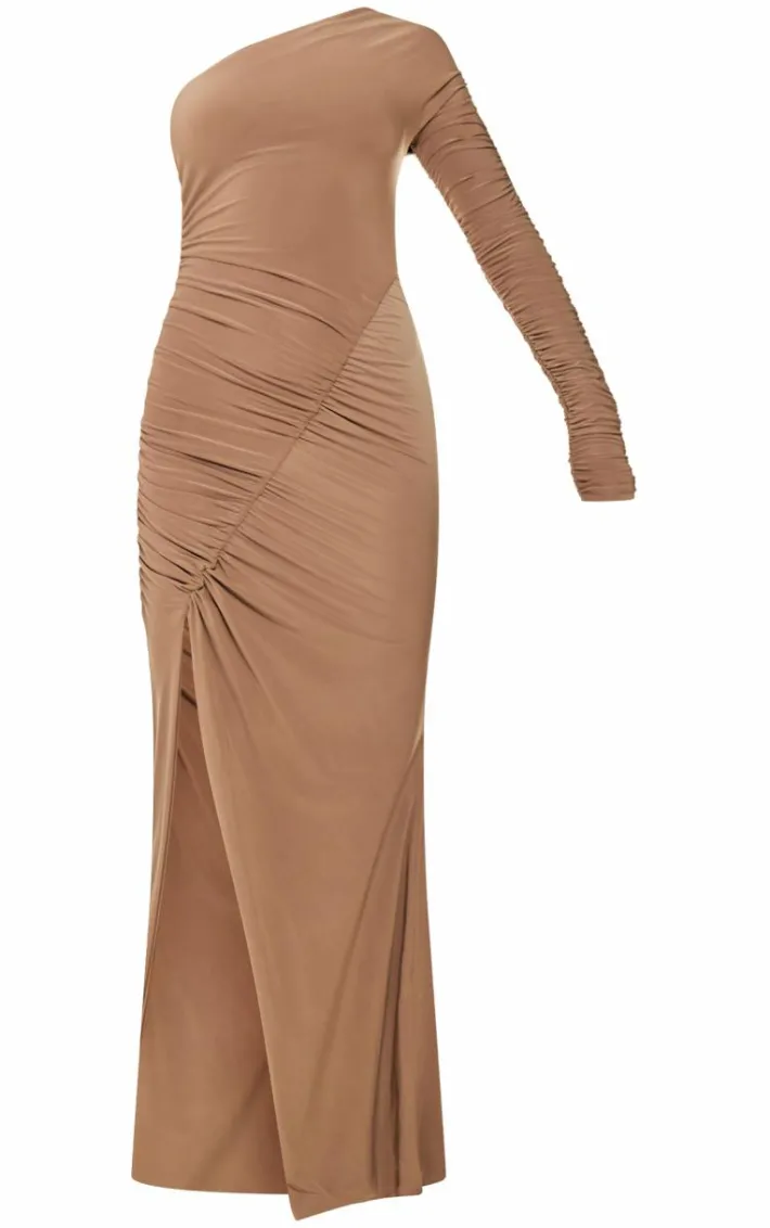 Sand Double Layer Slinky Ruched Asymmetrical Midaxi Dress