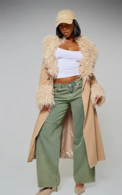 Sand Faux Fur Contrast Collar Self Tie Maxi Coat