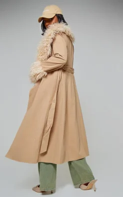 Sand Faux Fur Contrast Collar Self Tie Maxi Coat