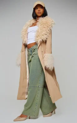 Sand Faux Fur Contrast Collar Self Tie Maxi Coat