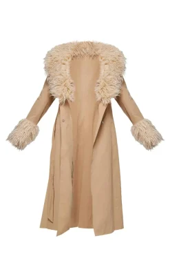 Sand Faux Fur Contrast Collar Self Tie Maxi Coat