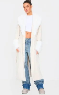 Sand Faux Fur Trim Contrast Faux Suede Coat