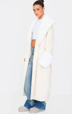 Sand Faux Fur Trim Contrast Faux Suede Coat