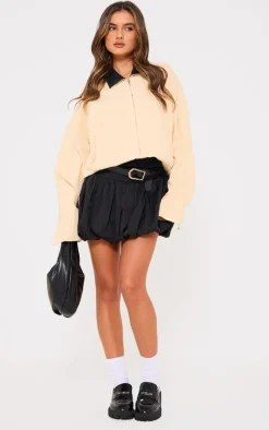 Sand Faux Leather Collar Oversized Cotton Jacket
