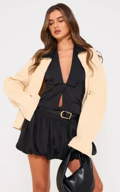 Sand Faux Leather Collar Oversized Cotton Jacket
