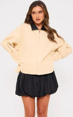 Sand Faux Leather Collar Oversized Cotton Jacket