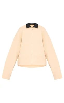 Sand Faux Leather Collar Oversized Cotton Jacket