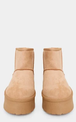 Sand Faux Suede Cleated Ankle Platform Boots