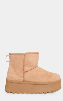 Sand Faux Suede Cleated Ankle Platform Boots