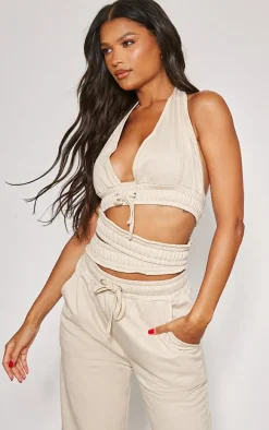 Sand Halterneck Cut Out Double Waistband Bralet