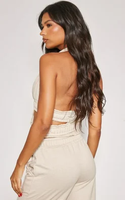 Sand Halterneck Cut Out Double Waistband Bralet