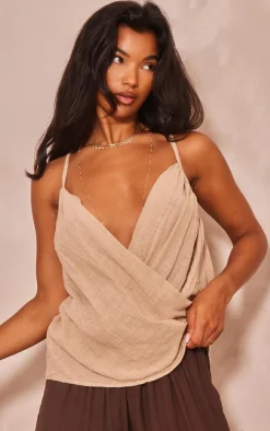 Sand Linen Look Cowl Drape Cami Long Top