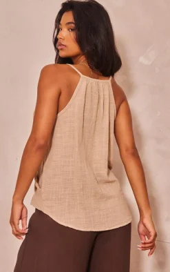 Sand Linen Look Cowl Drape Cami Long Top