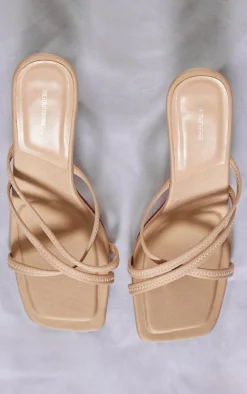 Sand Lycra Square Toe Cross Strap Heeled Mules
