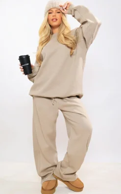 Sand Panelled Rib Detail Wide Leg Sweatpants