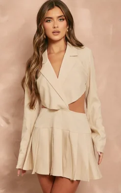 Sand Pleated Cut Out Blazer Dress