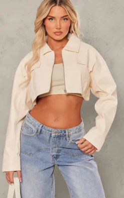 Sand Soft Faux Leather Asymmetric Hem Crop Jacket