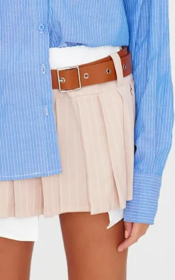 Sand Stripe Pleated Belt Detail Mini Skirt