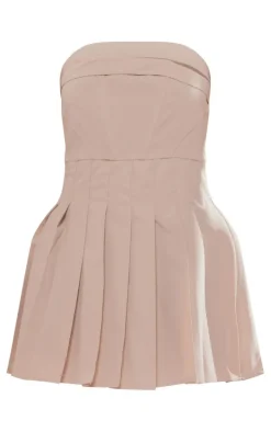 Sand Tailored Bandeau Pleated Shift Dress