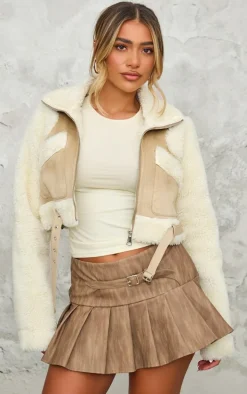 Sand Teddy Contrast Faux Suede Croppped Aviator Jacket