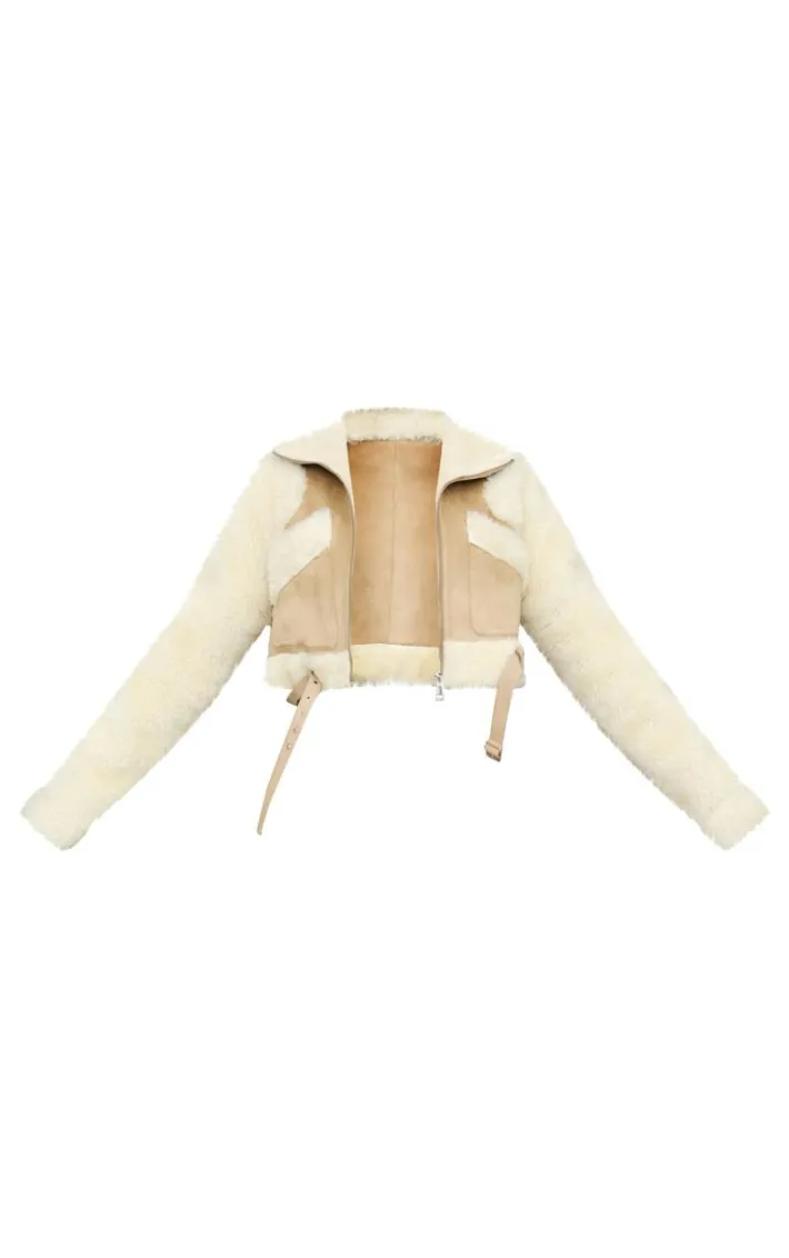 Sand Teddy Contrast Faux Suede Croppped Aviator Jacket