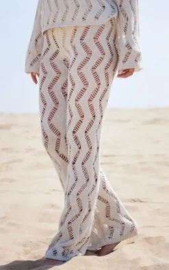 Sand Textured Cut Out Detail Knit Wide Leg Pants