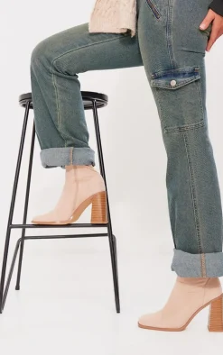 Sand Wide Fit Faux Suede Block Heeled Sock Ankle Boots