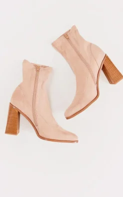 Sand Wide Fit Faux Suede Block Heeled Sock Ankle Boots