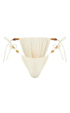 Sand Wooden Bead Ruched Tanga Tie Side Bikini Bottoms