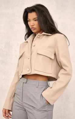 Sand Wool Look Button Up Structured Crop Jacket