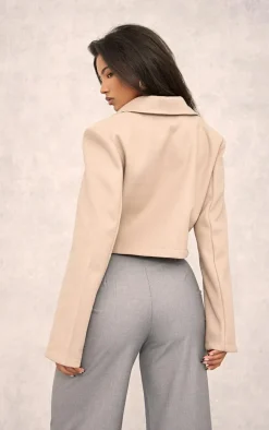 Sand Wool Look Button Up Structured Crop Jacket