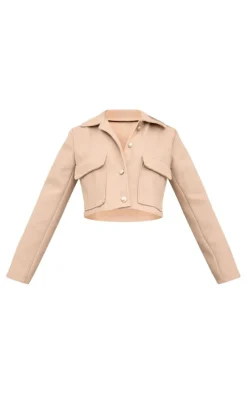 Sand Wool Look Button Up Structured Crop Jacket