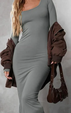 Sea Green Cotton Scoop Neck Long Sleeve Midaxi Dress