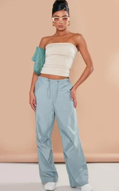 Sea Green Nylon Low Rise Drawstring Tie Waist Cargos