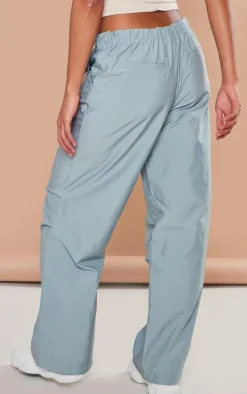 Sea Green Nylon Low Rise Drawstring Tie Waist Cargos