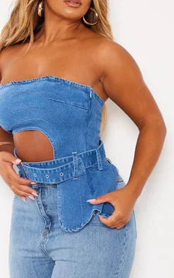Shape Acid Blue Wash Denim Cut Out Buckle Detail Top