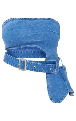Shape Acid Blue Wash Denim Cut Out Buckle Detail Top