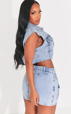 Shape Acid Blue Washed Denim Raw Hem Edge Cropped Jacket