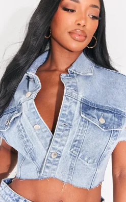 Shape Acid Blue Washed Denim Raw Hem Edge Cropped Jacket