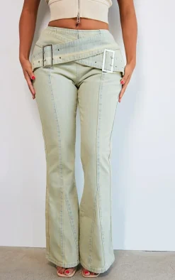 Shape Acid Green Washed Denim Belted Flare Jeans