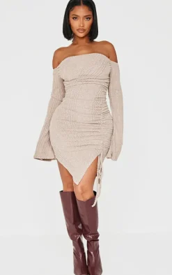Shape Beige Brushed Rib Bandeau Flare Sleeve Ruched Side Mini Dress