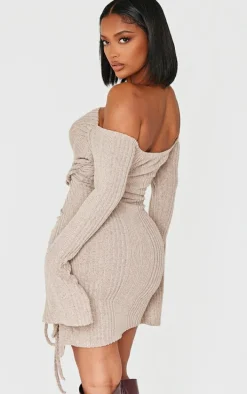 Shape Beige Brushed Rib Bandeau Flare Sleeve Ruched Side Mini Dress