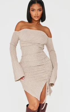 Shape Beige Brushed Rib Bandeau Flare Sleeve Ruched Side Mini Dress