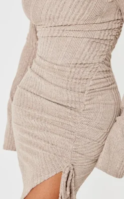 Shape Beige Brushed Rib Bandeau Flare Sleeve Ruched Side Mini Dress